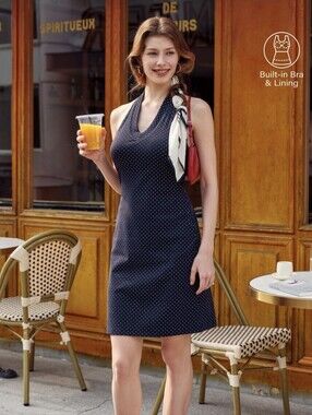 OGL Navy Polka Dot Brami Halter Dress Built in Bra Size Medium NWT